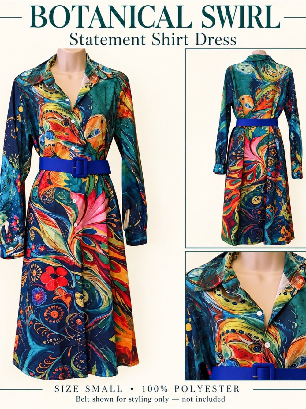 Botanical Paisley Shirt Dress Small Teal Multicolor Button Front Long Sleeve